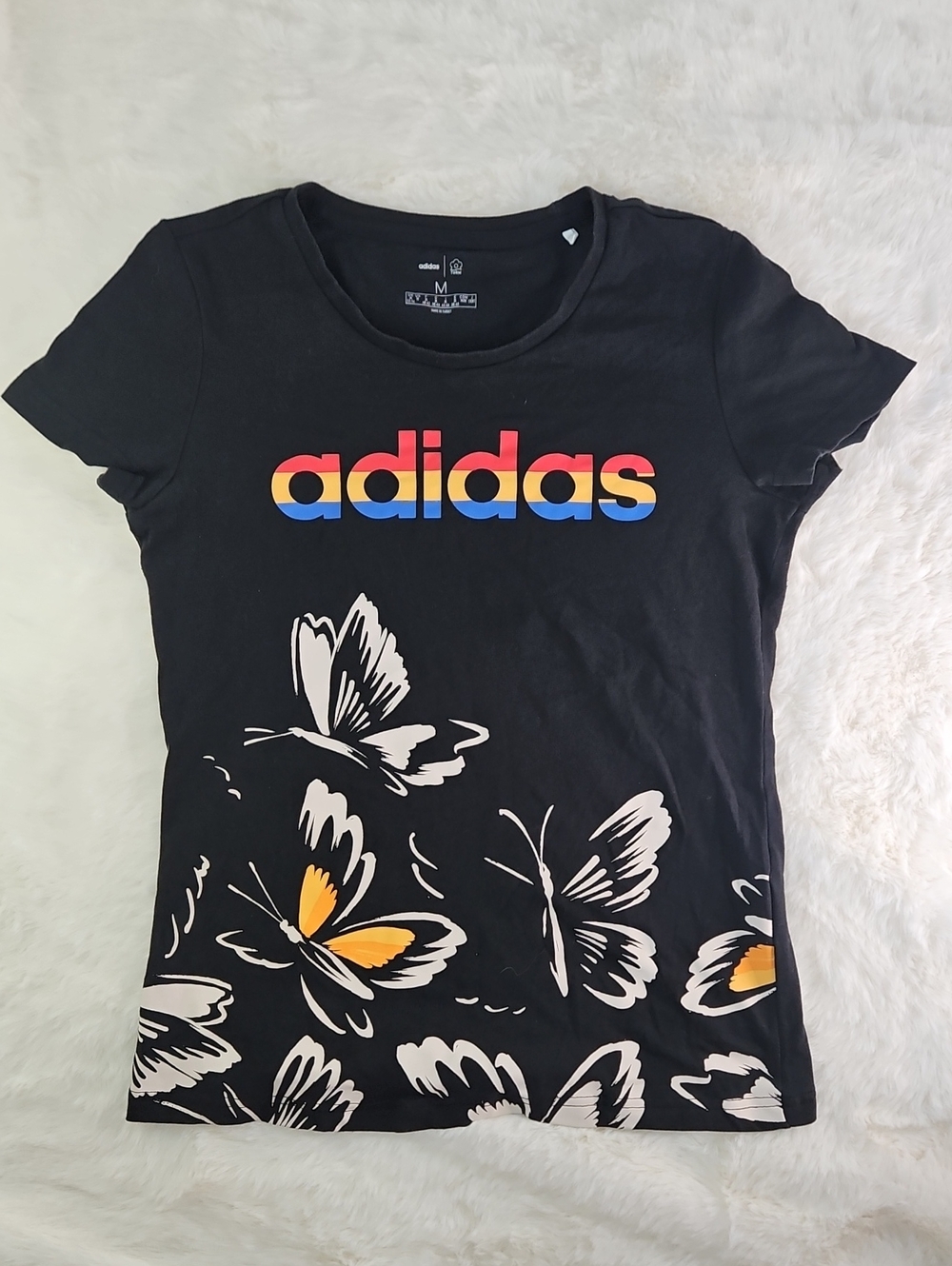 Adidas Farm Rio Black Tee with Rainbow Logo & Butterfly Accents Size Medium